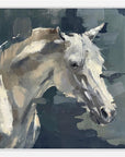 Artistic depiction of a grey horse's head with a dark blue stylized background