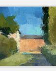 Painting of a landscape with trees and a building.