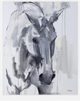 Abstract painting of a horse's head in black and white
