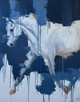 Abstract painting of a white horse with dark blue and black background