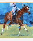 Painting of a polo player on a horse with a blue and green background