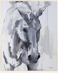 Abstract painting of a horse's head in black and white on a light background
