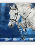 Painting of a white horse jumping with a rider on a blue abstract background