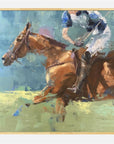 Painting of a horse and rider in motion with a colorful background
