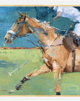 Painting of a polo horse and rider in motion with a colorful background