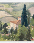 Painting of a Tuscan landscape with a house and cypress trees.
