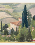 Painting of a villa with cypress trees in a landscape