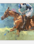 Painting of a horse and jockey in motion with a colorful background