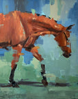 An abstract painting of a brown horse in motion against a blue and green background.