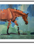 An abstract painting of a brown horse in motion against a blue and green background.