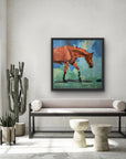 An abstract painting of a brown horse in motion against a blue and green background.