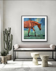 An abstract painting of a brown horse in motion against a blue and green background.