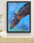 Framed painting of a horse's head on a wall above a wooden shelf with decorative items.