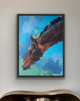 Framed painting of a horse against a colorful abstract background on a wall.