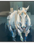 A painting of a gray horse in motion with a blurred background.