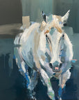 A painting of a gray horse in motion with a blurred background.