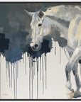 A white horse walking and dripping dark background.