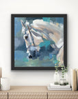 Side profile of a white and grey horse with an abstract background in various shades of blue.