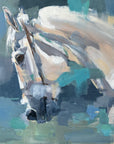Side profile of a white and grey horse with an abstract background in various shades of blue.