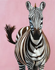A vibrant painting of a Grevy's zebra with a pink background.