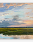 Painting of a landscape with a marsh and cloudy sky