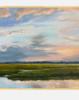 Painting of a landscape with a sky filled with clouds and a reflection of the sky on water.