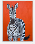 Framed artwork of a zebra on an orange background