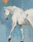A painting of a gray horse in motion, with a blue background and orange accents.