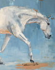 A 48 x 48 inch oil on linen painting of a white horse with a blue background and gold details.