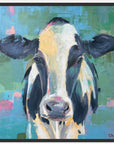 A colorful abstract painting of a cow's face