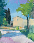 An oil on linen painting depicting a landscape with a church, trees, and a pathway.
