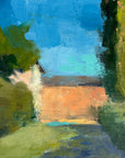 A vibrant oil on linen painting depicting a landscape with a road leading into a distance under a blue sky.
