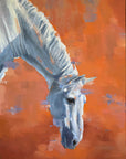 A vibrant painting of a grey horse with a orange and red background.