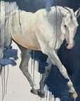 Artistic depiction of a horse with abstract blue and black elements on a white background