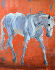 An oil on linen painting of a white horse with a blurred orange and blue background.
