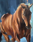 An abstract oil painting of a horse with a blurred background.