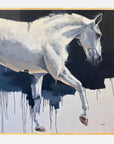 Abstract painting of a horse in mid-gallop with dynamic brushstrokes on a dark background.