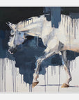 Abstract painting of a grey horse with dynamic brushstrokes and dark drips.