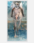 Framed painting of a horse landing from a jump on a textured blue and gray background