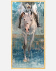 Framed painting of a horse landing from a jump on a textured blue and gray background