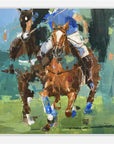 Artistic depiction of two horses running side by side on a grassy field.