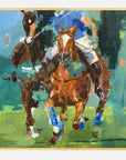 Artistic depiction of polo players on horses with a colorful abstract background