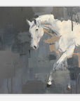 Abstract painting of a white horse in motion on a dark background