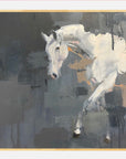 Abstract painting of a white horse in motion on a dark background