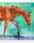 Abstract painting of a brown horse on a teal background