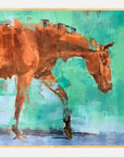 Abstract painting of a brown horse on a teal background