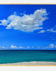 Painting of a blue sky with clouds over an ocean