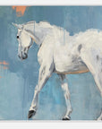 Painting of a white horse on a blue abstract background