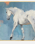 Painting of a white horse on a blue abstract background