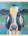 Colorful painting of a black and white cow with abstract background